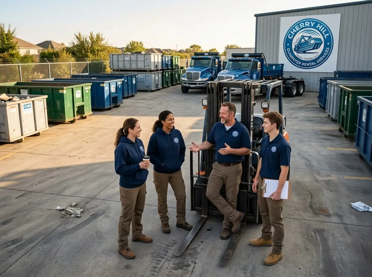 Cherry Hill Dumpster Rental Services team at the Cherry Hill yard preparing a roll-off delivery
